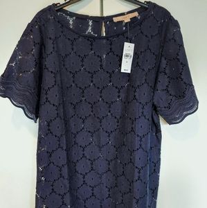 LOFT Navy Blue Lace Top Generously Cut Sz Med
